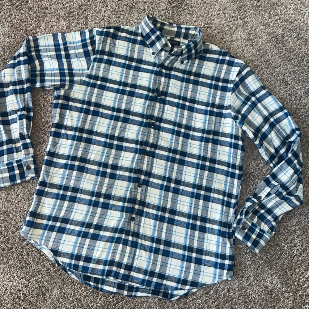 Lands’ End Men’s Blue Blk White Plaid Button-Up Flannel Shirt Medium 15-15.5”